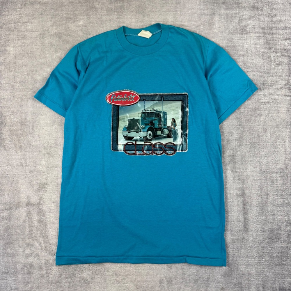 Peterbilt Shirt Mens Medium Blue Vintage 70s Trucker Iron On Thin Single Stitch